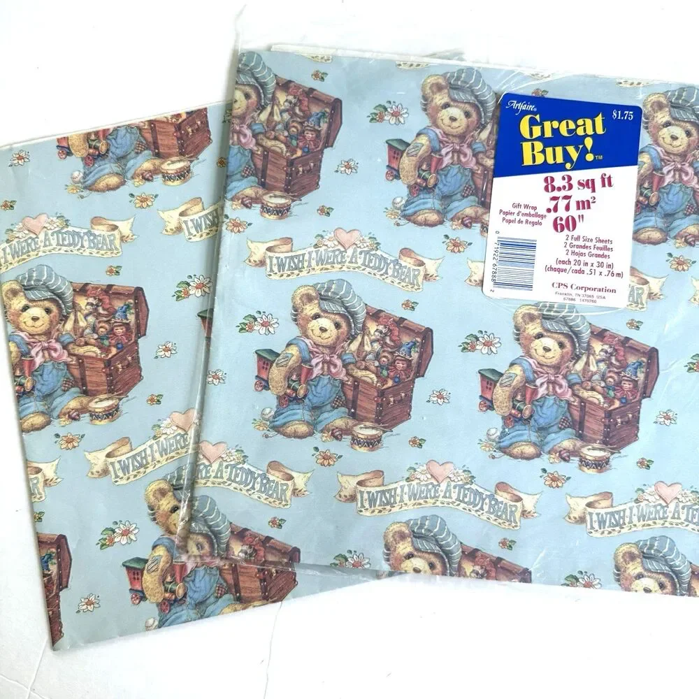 Vintage Artfaire Teddy Bear Toy Chest Gift Wrap Wrapping Paper 3 Sheets